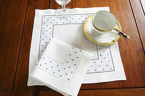 Square Linen Napkin. French Blue Swiss Polka Dots. Hemstitch.14" - Click Image to Close